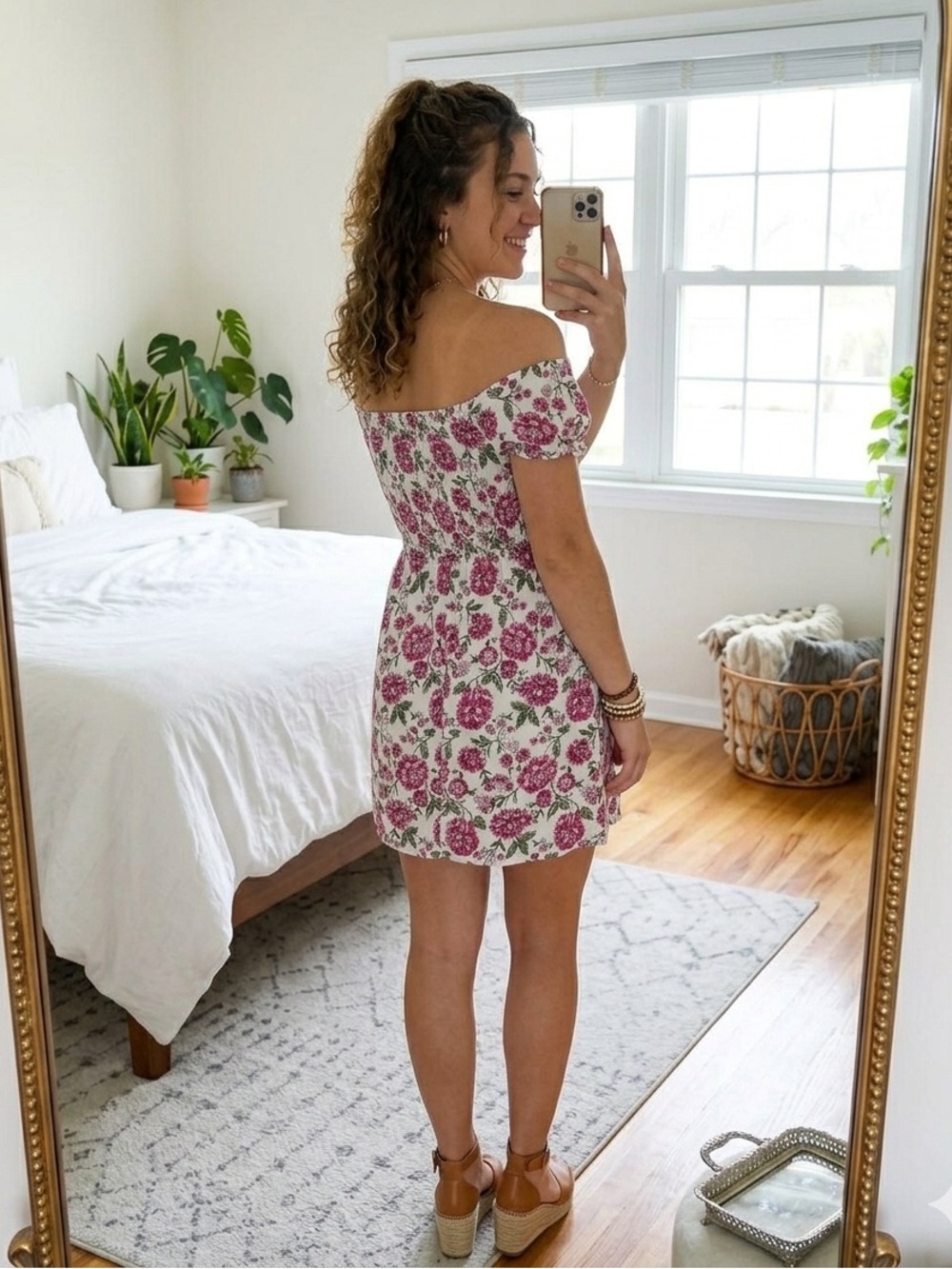 Ambiance White Floral Off-Shoulder Smocked Mini Dress Sz small